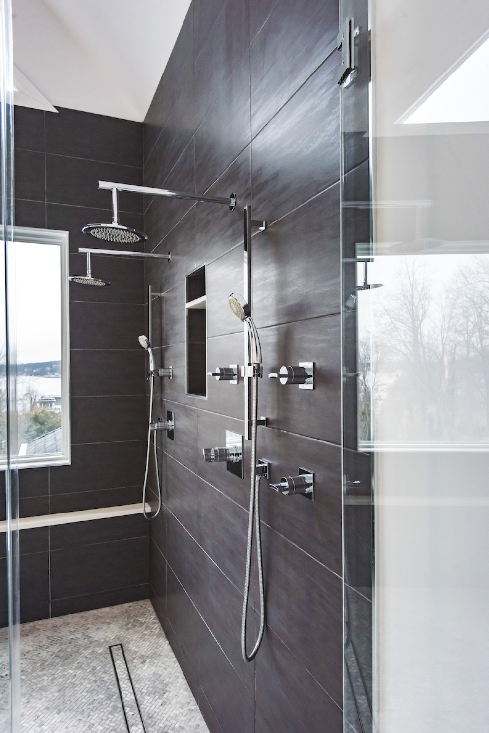 dark-wood-tile-shower-dual-shower-heads-stainless-steel