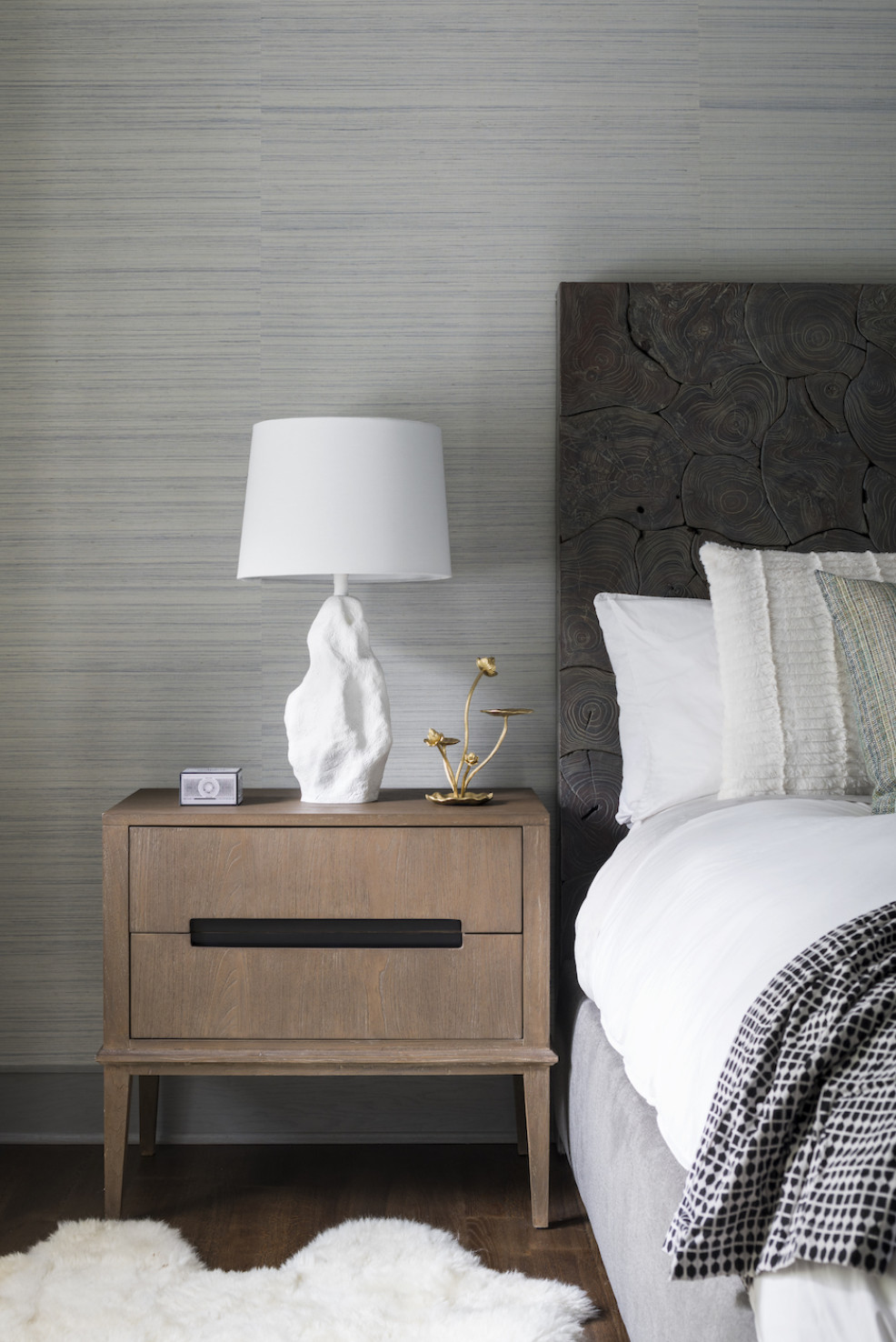 bedroom-nightstand-design-white-lamp-faux-fur-area-rug